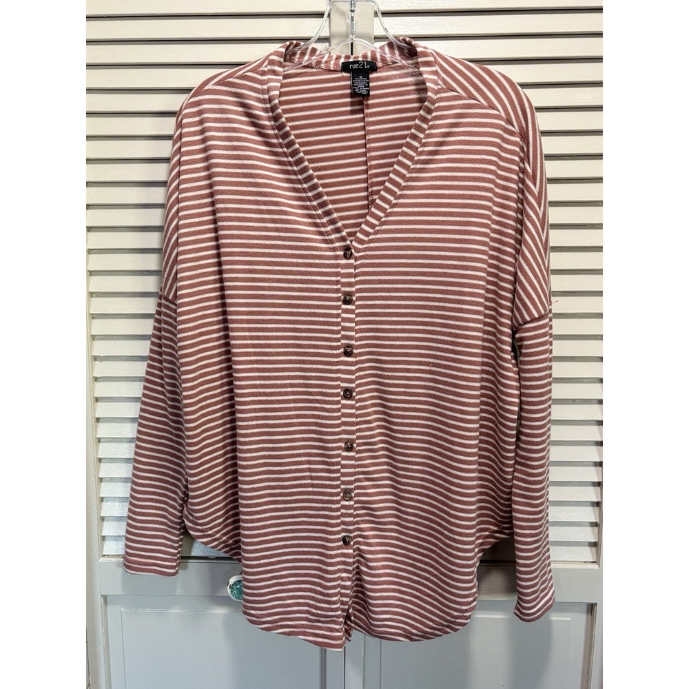 Rue 21 Salmon Pink/White Striped‎ Long Sleeve Sweater Button Up Size M V Neck